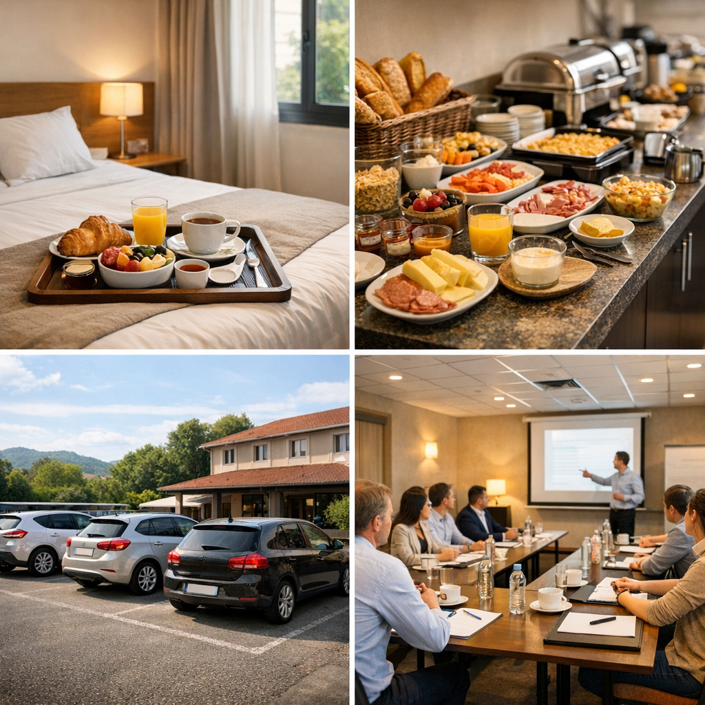 Prestations&nbsp;: chambres, petit-déjeuner, parking et séminaires